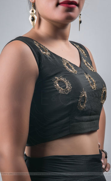 Black Silk-Crepe Blouse With Hand Embroidered Flower and Victorian Art Motif