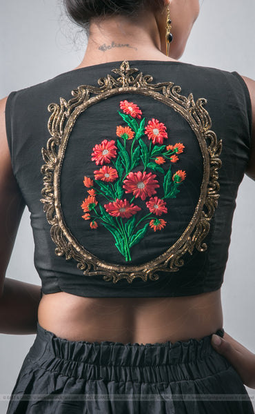Black Silk-Crepe Blouse With Hand Embroidered Flower and Victorian Art Motif