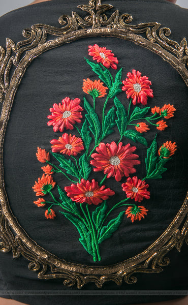 Black Silk-Crepe Blouse With Hand Embroidered Flower and Victorian Art Motif