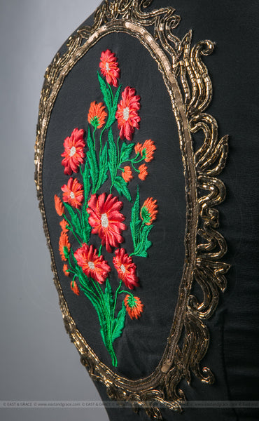 Black Silk-Crepe Blouse With Hand Embroidered Flower and Victorian Art Motif