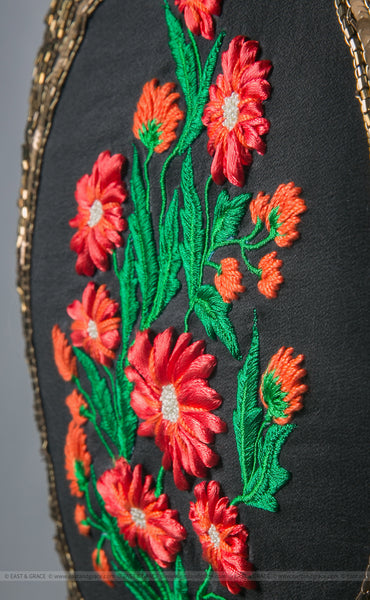 Black Silk-Crepe Blouse With Hand Embroidered Flower and Victorian Art Motif