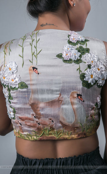 Light Lavender Raw-Silk Blouse With Hand Embroidered Ribbon Work Swan Motif