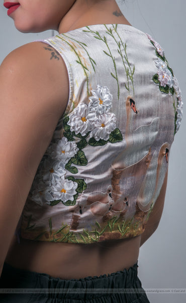 Light Lavender Raw-Silk Blouse With Hand Embroidered Ribbon Work Swan Motif