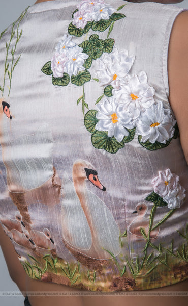Light Lavender Raw-Silk Blouse With Hand Embroidered Ribbon Work Swan Motif