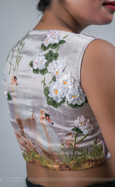 Light Lavender Raw-Silk Blouse With Hand Embroidered Ribbon Work Swan Motif