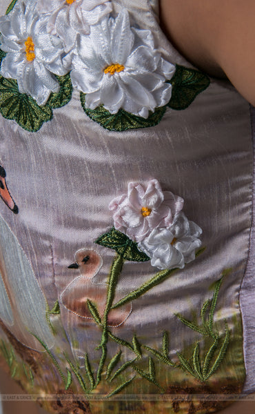 Light Lavender Raw-Silk Blouse With Hand Embroidered Ribbon Work Swan Motif