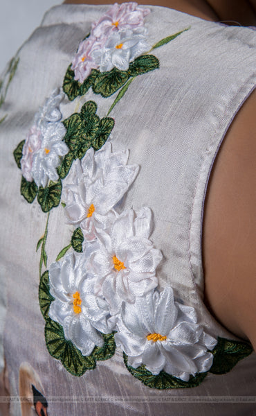 Light Lavender Raw-Silk Blouse With Hand Embroidered Ribbon Work Swan Motif