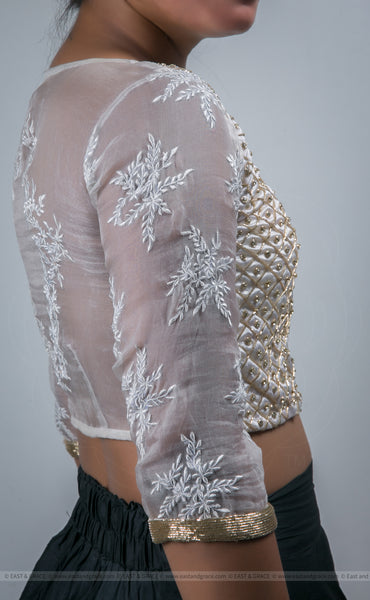 Juhi White Silk-Organza & Raw-Silk Blouse With Hand Embroidered Floral Motifs