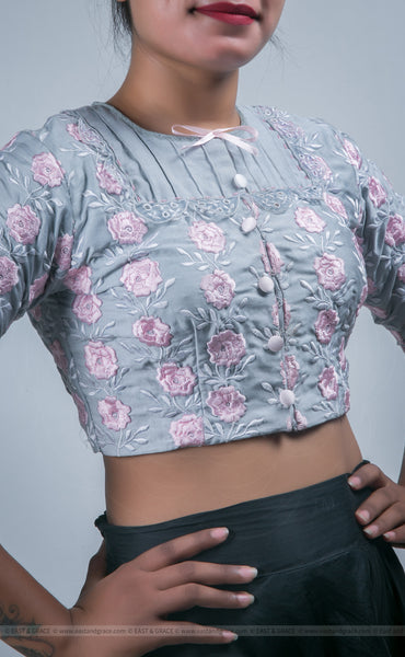 Flower's Breath Gray Cotton-Satin Blouse with Floral Embroidery