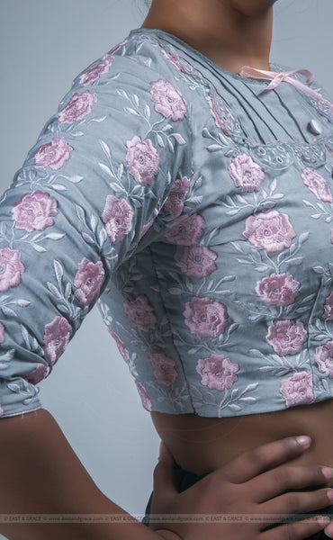 Flower's Breath Gray Cotton-Satin Blouse with Floral Embroidery