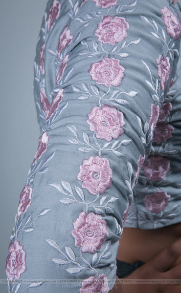 Flower's Breath Gray Cotton-Satin Blouse with Floral Embroidery