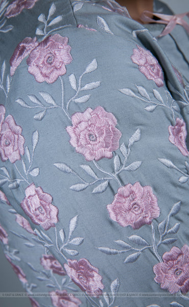 Flower's Breath Gray Cotton-Satin Blouse with Floral Embroidery