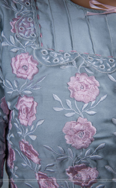 Flower's Breath Gray Cotton-Satin Blouse with Floral Embroidery