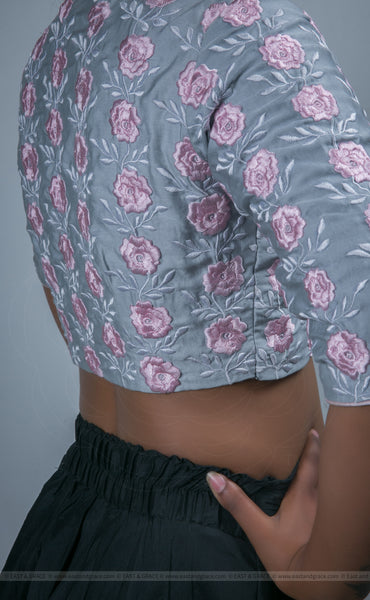Flower's Breath Gray Cotton-Satin Blouse with Floral Embroidery