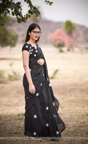 Black Forest Pure Silk-Chiffon Embroidered Saree