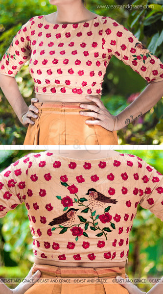 Morning Sunshine Red Rose Raw Silk Hand Embroidered Blouse