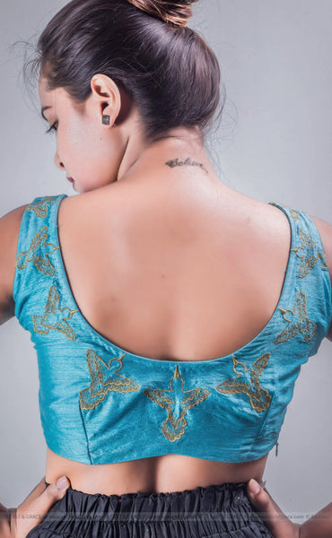 Gold Aviary Sea Blue Raw-Silk Hand Embroidered Blouse