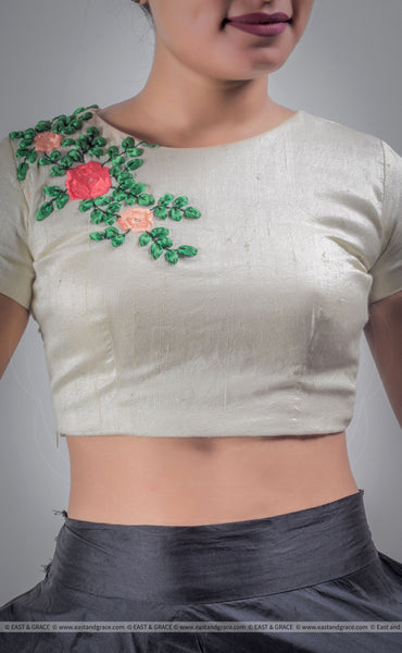 Creamery Raw-Silk Ribbon Embroidered Blouse