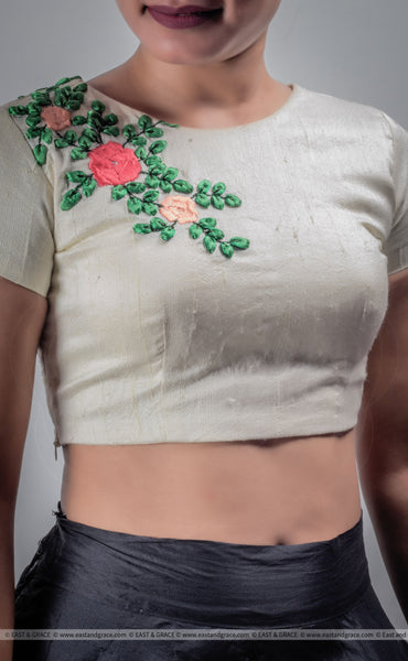 Creamery Raw-Silk Ribbon Embroidered Blouse