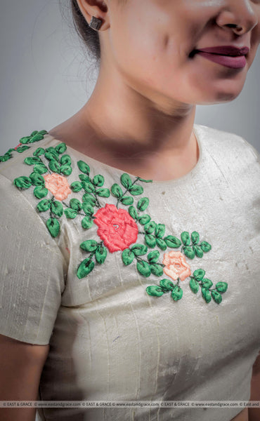 Creamery Raw-Silk Ribbon Embroidered Blouse