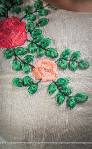Creamery Raw-Silk Ribbon Embroidered Blouse
