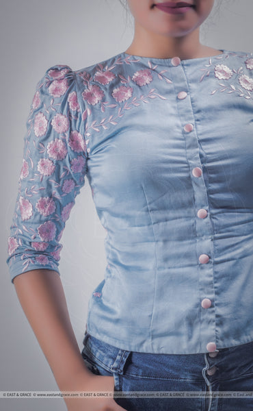Mimi Light Blue Cotton-Satin Blouse with Floral Hand Embroidery