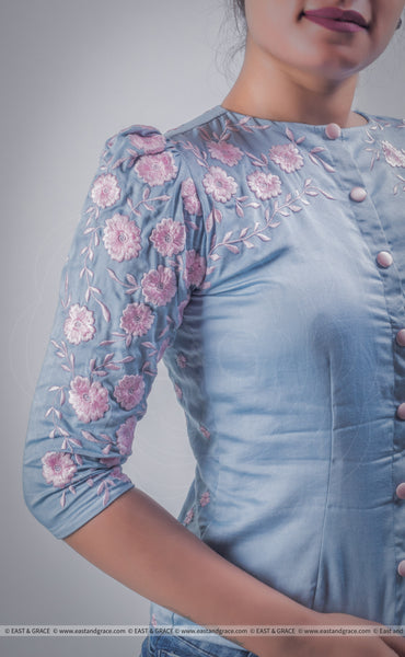 Mimi Light Blue Cotton-Satin Blouse with Floral Hand Embroidery