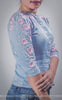 Mimi Light Blue Cotton-Satin Blouse with Floral Hand Embroidery