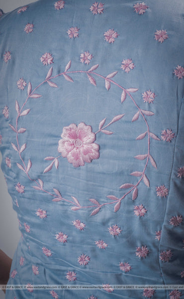Mimi Light Blue Cotton-Satin Blouse with Floral Hand Embroidery