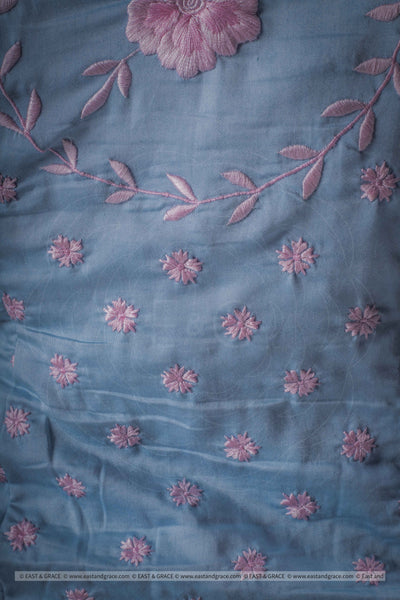 Mimi Light Blue Cotton-Satin Blouse with Floral Hand Embroidery