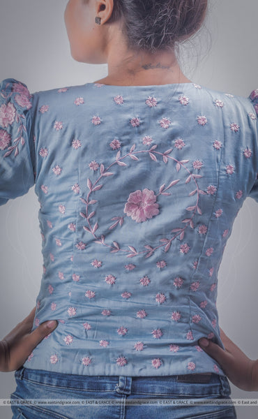 Mimi Light Blue Cotton-Satin Blouse with Floral Hand Embroidery