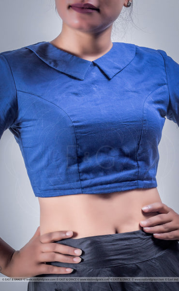 Ink Stain Blue Cotton-Satin Blouse With Bows