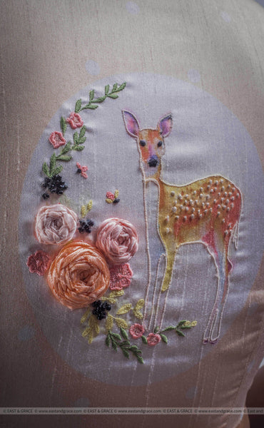 Pastel Orange Raw-Silk Blouse with Ribbon Embroidered & Printed Deer Motif