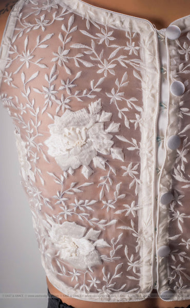 Magnolia White Pure Silk-Organza & Lycra-Satin Boat-neck Blouse with White Hand Embroidery