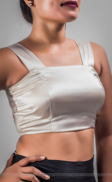 Magnolia White Pure Silk-Organza & Lycra-Satin Blouse with White Floral Embroidery
