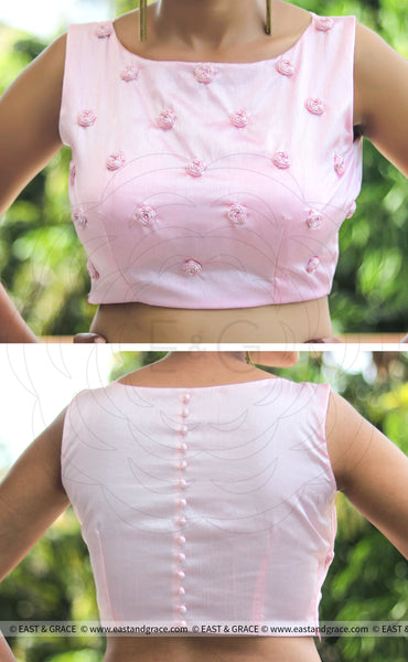 Pink Raw Silk Blouse With Hand Embroidered Baby Ribbon Roses