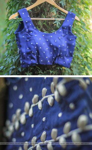 Navy Blue Pure Flat Chiffon Ribbon Embroidered Blouse