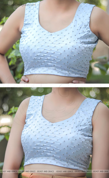 Moonlight Satin Silver Dot Embroidered Blouse