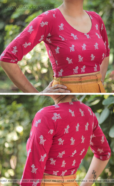 Fuchsia Pink Deer Embroidered Raw-Silk Blouse