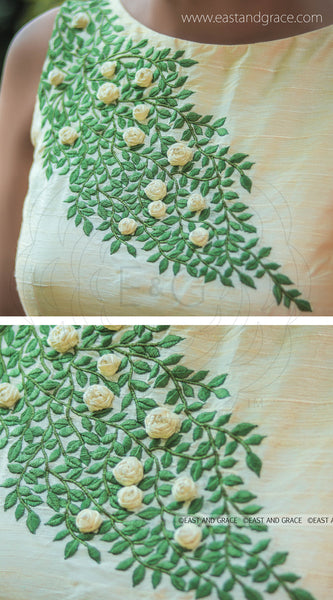 Cream Raw Silk Blouse With Green Foliage Embroidery and Ribbonwork Flowers