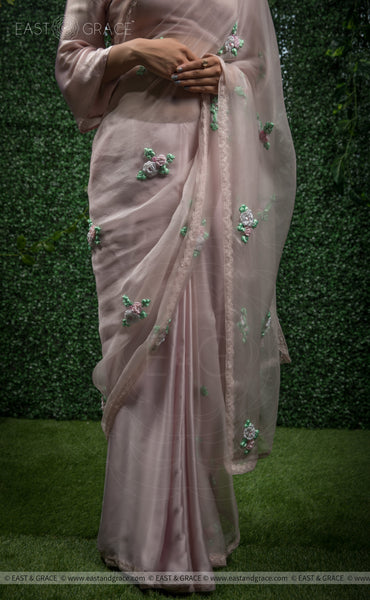 Sarah Pure Silk-Organza & Satin-Silk Ribbon Hand Embroidered Beige Pink Saree