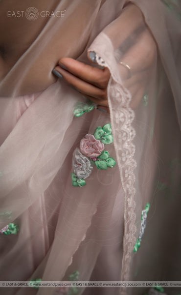 Sarah Pure Silk-Organza & Satin-Silk Ribbon Hand Embroidered Beige Pink Saree