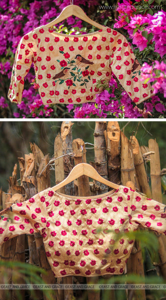 Morning Sunshine Red Rose Raw Silk Hand Embroidered Blouse